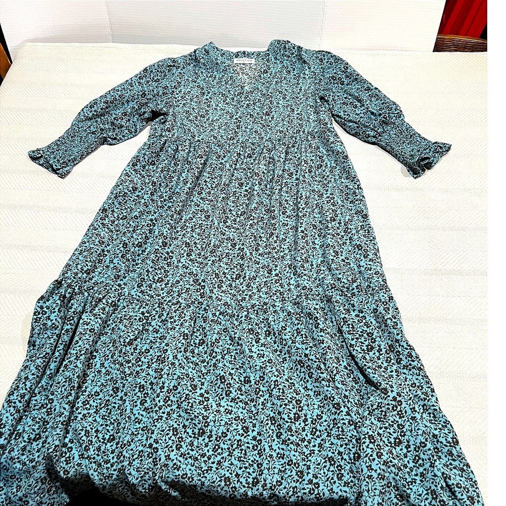 Solution Maxi Modest Minimalist‎ Prairie Dress Flowy Smocked Blue Tiered Small